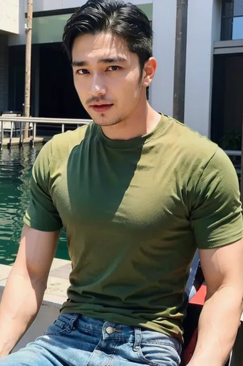 ((realistic daylight)) , Young Korean man in a green t-shirt Denim shirt, jeans, A handsome, muscular young Asian man looks at the camera. In a simple t-shirt blue and red , Along the canal ,turn sideways