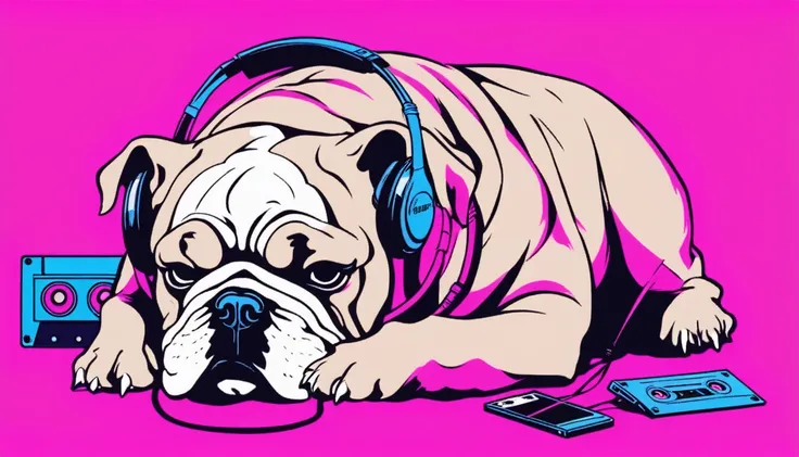 cassette tape、現実的なcassette tapeの大きさ、正面を向いたcassette tape、bulldog、Lying down、Neon Background、headphone