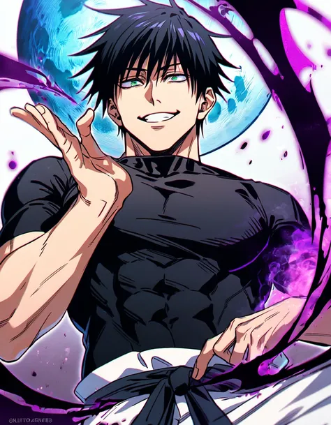 Ultra detailed, HDR, Highres, absurdres, master piece, Fushiguro Touji, black hair, expressive green eyes, Jujutsu Kaisen, handsome, sexy man, solo, black tight shirt, purple aura, handsome smile, best quality, blue moon, 8K, white baggy pants, giving a sh...