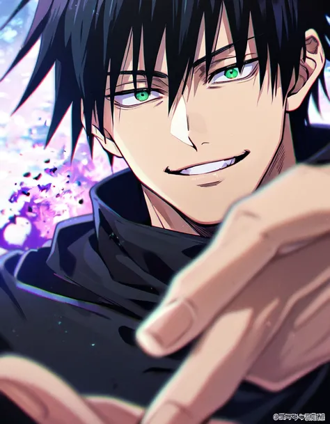 Ultra detailed, HDR, Highres, absurdres, master piece, Fushiguro Touji, black hair, expressive green eyes, Jujutsu Kaisen, handsome, sexy man, solo, black tight shirt, purple aura, handsome smile, best quality, blue moon, 8K, white baggy pants, giving a sh...