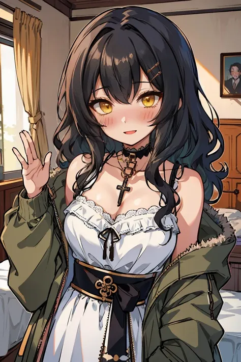 (masterpiece:1.2), (high quality:1.2), (hui xiyi:0.7), rekkyo sensen, rekkyou sensen, girls with((1girl, solo, black hair, yellow eyes, (wavy medium hair, hairclips:1.3), blush, breasts, choker, cleavage, coat, cowboy shot, white lace dress, ribbon waist b...