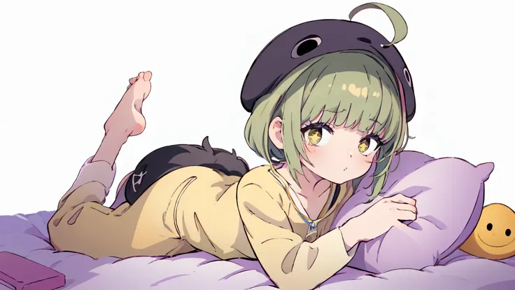 (masterpiece), short hair, dark green hair, black eyes, laugh, pajamas, ahoge, dehisce, bare foot, pillow, black hair, in the st...