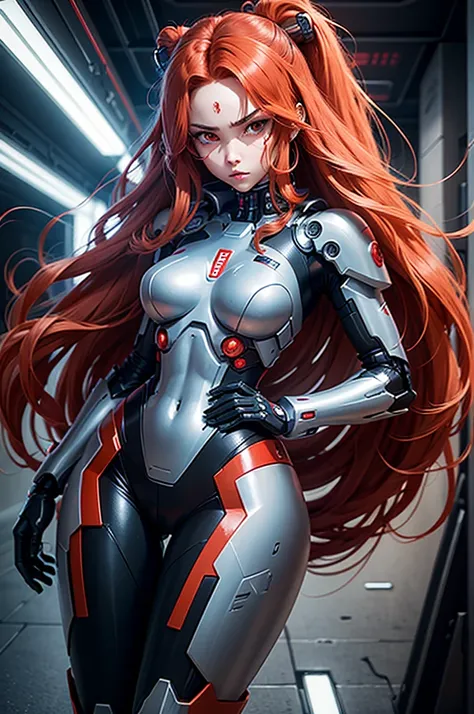 1 piece lonely mecha half cyborg girl stands half sideways in a half turn she has a chic figure and big hips she has rich red long hair and red eyes and a black android suit with red elements dark background image cyberpunk mechanisms and red lights 