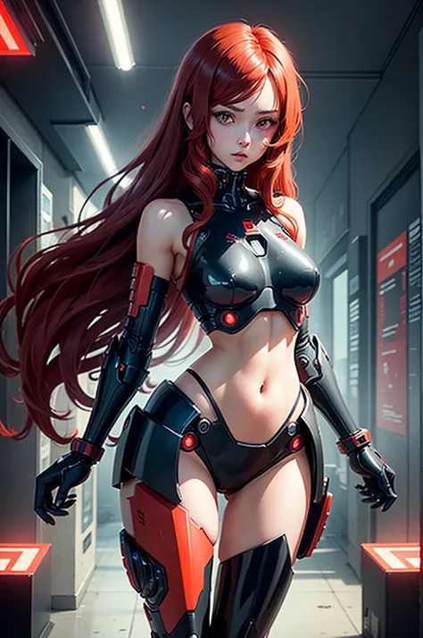 1 piece lonely mecha half cyborg girl stands half sideways in a half turn she has a chic figure and big hips she has rich red long hair and red eyes and a black android suit with red elements dark background image cyberpunk mechanisms and red lights 