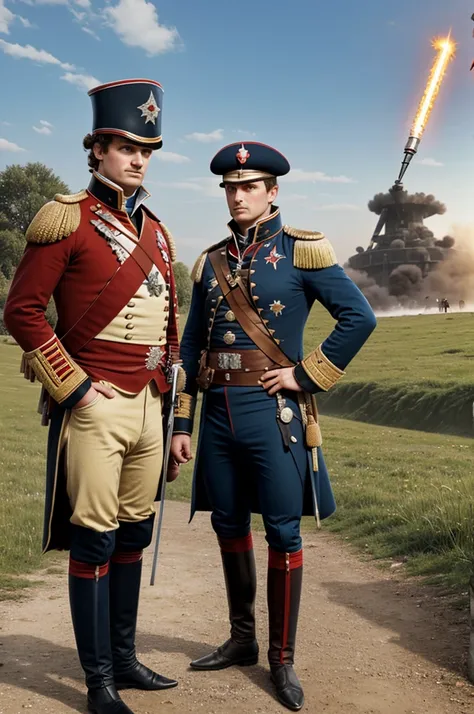 ((High Quality)) ((Realistic)) ((Napoleonic Wars)) Old Guard Sapper Standing behind the young Zapper, looking awestruck.