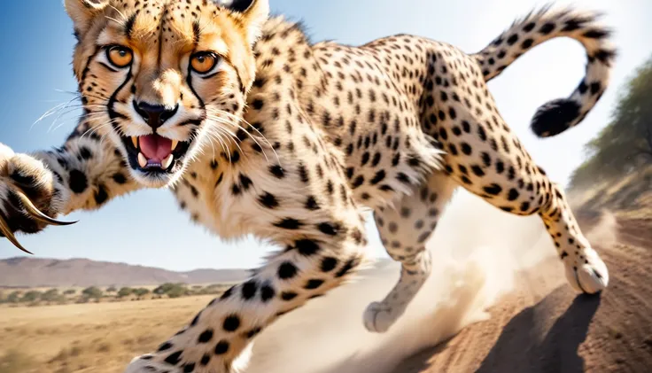 Realistic photos, RAW Photos, Cheetah attacks viewer, Powerful movements, jump on prey, ((Dynamic jump)), Sharp Claws, ライオン approaching from above, sudden approach, Bad-tempered, dynamic Shot from grand