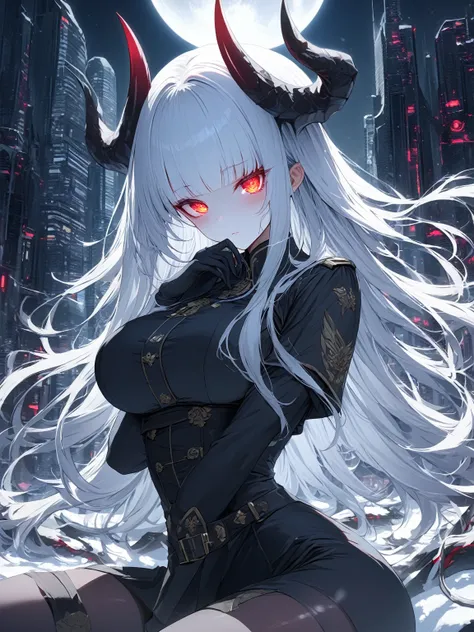 Masterpiece, very detailed, ultra detailed, one, (1 woman), she is in an ancient black military uniform, and in an elegant position, long hair, bright white hair, snow-white hair and straight bangs, white demonic horns, beautiful, charming, bright red eyes...