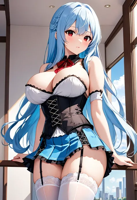 My name is Yukiko.I am a white test woman with long Sky blue hair,red eye color.I am 1.62 cm tall . Dressed in a black corset and a blue short skirt with garter belts and long white stockings .With huge breasts measure 200 cm, waist 40 cm and hips 200 cm.