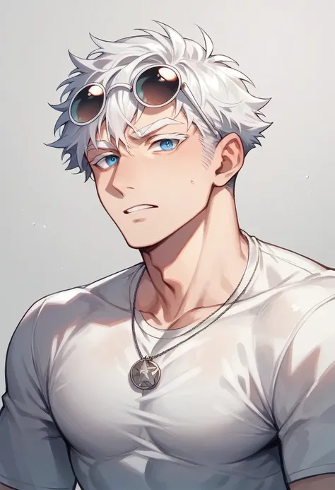 hot anime man, skin fair, super bright blue eyes, white eyelashes, messy white hair, very busty and with round sunglasses on his head 