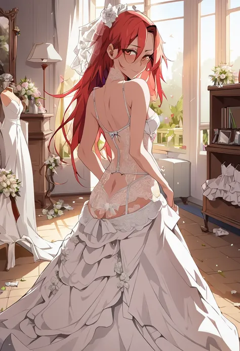 1 Girl, masterpiece, high resolution, Sonic edges_Rias_Grey Mory,Long red hair, ((Wedding dress, Room, bridal lingerie, Wedding theme))