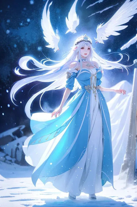 Anime girl with long white hair and a blue dress in the snow., white hair deity, white hair floating in the air, anime fantasy illustration, flowing white hair, beautiful young wind spirit, beautiful fantasy anime, loose and shiny hair, ethereal anime, bea...