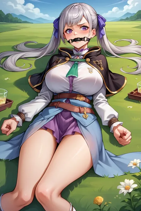 score_9, score_8_superior, score_7_superior, score_6_superior, sauce_Anime BREAK 1 Girl,  Noel Silva, Grey Hair, Purple eyes, Twin tails, Hair Ribbon, Black capelet, Green Strap, White and purple dress, Long sleeve, belt, Big Breasts, Conceit, blue sky, Fi...