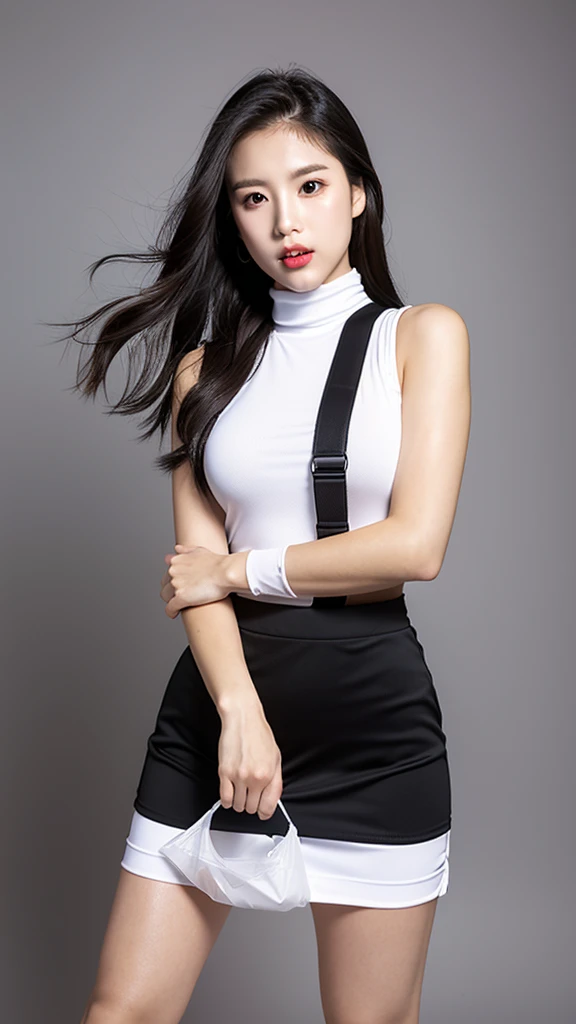 vivid,Normal chest,((between legs)),cute,(Detailed face),Sharp Eyes,Plastic bag,Turtleneck sleeveless sporty lightweight(black and white plastic)Clothes,Ultra-high resolution,（Photorealistic：1.7）,Black long hair,Gray background,