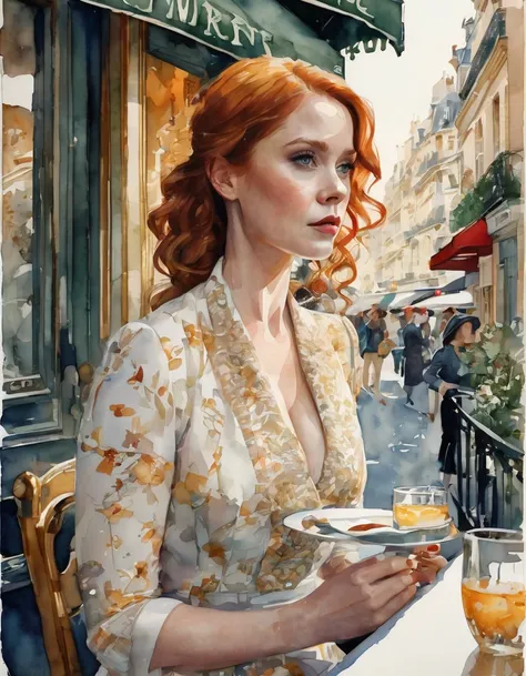 Watercolor by Helene Binet {((Malin Åkerman/Amy Adams/Christina Hendricks)) 1889 Paris, France} highly detailed, (((dynamic pose))), Street Cafe, perfect composition, artstation, concept art, sharp focus, illustration, Victo Ngai