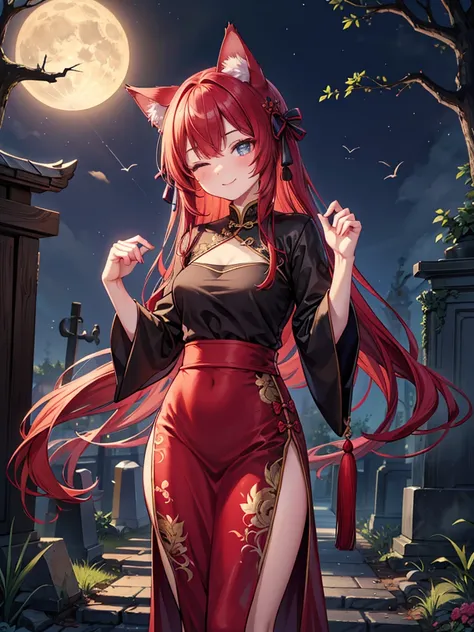 chinese_dress,craw_pose,close_eyes,smile,standing,lean_foward,close_mouth,dirty_graveyard,moonlight,starlight,fog,beautiful_red_hair,cat_ears,cat_tails,beautiful_eyes,1_beautiful_girl,cute_face,beautiful,perfect_quality,perfect_anatomy,perfect_body,masterp...