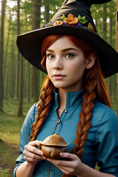 Fortnite skin, Ginger hair girl  wearing a witch hat with mushrooms, flowers and nature