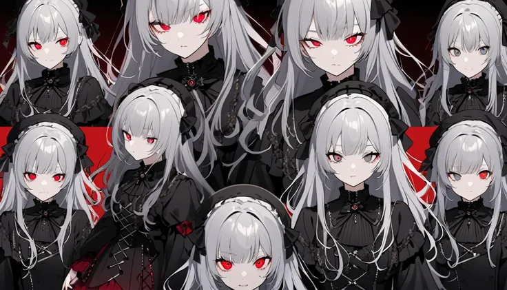 1 teen girl character。gray hair color、Glowing red eyes、Long Hair、There is a mole under the left eye。Without background、Depict people only。Gothic Lolita Fashion