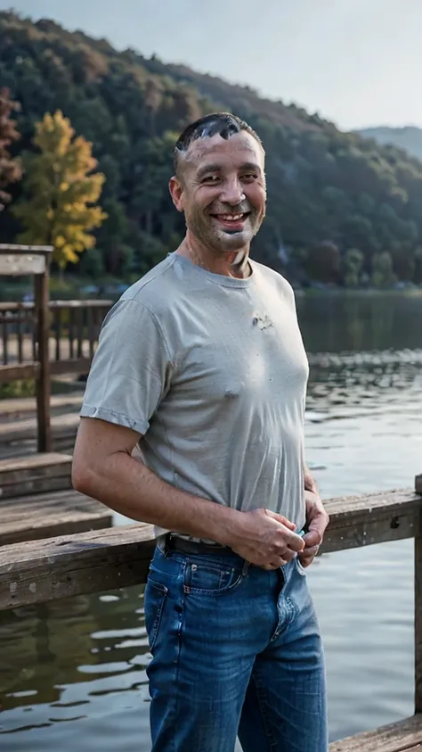 a 45-year-old man with a clean face, buzz cut hairstyle, wearing a shirt and blue jeans, standing and smiling, beautiful lake background, cinematic lighting, highly detailed, photorealistic, 8k, sharp focus, vivid colors, professional photography