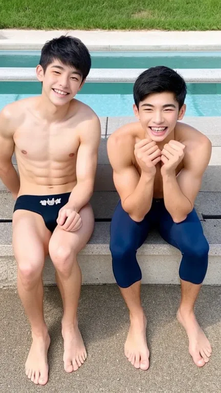 Two Japan Men、Both are 14-year-old males.、Well-developed muscles and smooth skin、very short black hair、Friendly and relaxed smile、Face to face, open-mouthed smiling、Colorful racy boxer briefs、You can see clearly from the top of your head to the soles of yo...