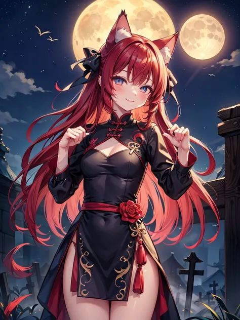 chinese_dress,craw_pose,close_eyes,smile,standing,lean_foward,close_mouth,dirty_graveyard,moonlight,starlight,fog,beautiful_red_hair,cat_ears,cat_tails,beautiful_eyes,1_beautiful_girl,cute_face,beautiful,perfect_quality,perfect_anatomy,perfect_body,masterp...