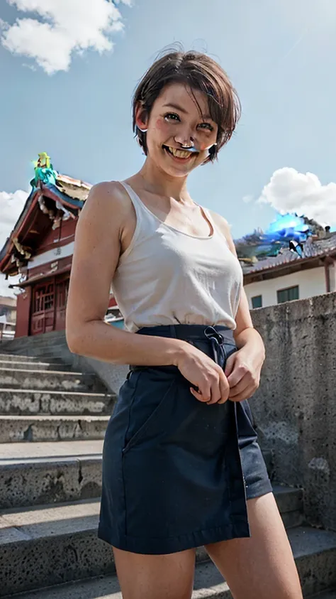 keqingdef, upper body, smile, blush, outdoors, day, simple background, blue sky, short hair, sky, temple, looking at viewer, stairs, mountain, moody lighting, facing viewer,