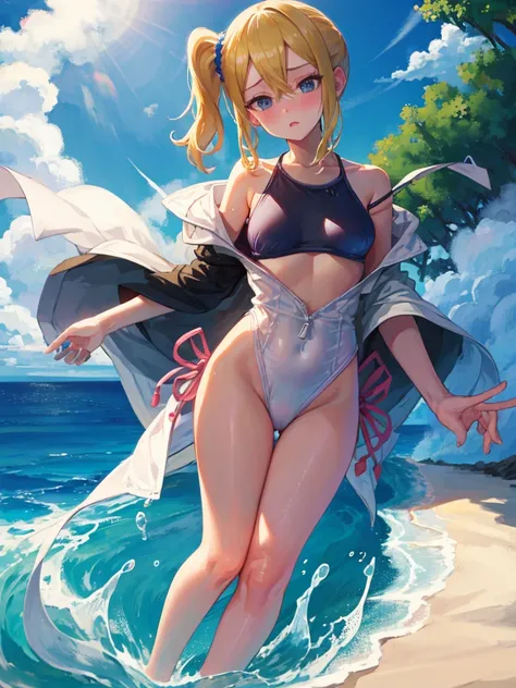 Cute Swimsuit,Random Swimsuit,Blushing、blondes、ponytail、pale blue eyes、Head to toe full body、Blushing、Embarrassed look、Composition from the front、A view from slightly below、school swimwear、Acme Face、Random pose、, 、nsfw、Highest quality、1 girl、solo、Ocean、San...