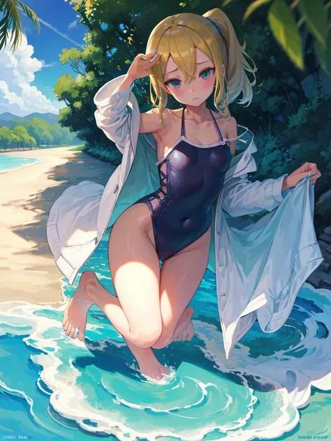 Cute Swimsuit,Random Swimsuit,Blushing、blondes、ponytail、pale blue eyes、Head to toe full body、Blushing、Embarrassed look、Composition from the front、A view from slightly below、school swimwear、Acme Face、Random pose、, 、nsfw、Highest quality、1 girl、solo、Ocean、San...