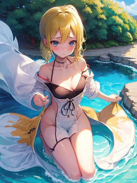 Cute Swimsuit,Random Swimsuit,Blushing、blondes、ponytail、pale blue eyes、Head to toe full body、Blushing、Embarrassed look、Composition from the front、A view from slightly below、school swimwear、Acme Face、Random pose、, 、nsfw、Highest quality、1 girl、solo、Ocean、San...