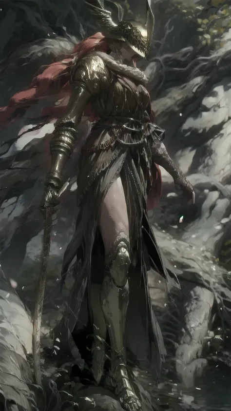 1 girl, ultra sharp image, Portrait of a girl, Gothic style, fantasy, beautiful figure, beautiful, full length (full body 1.1.), big tree in the background, slender legs, buttocks, slender legs, Wasp waist, sexy, fighting pose, fighting stance, only,helmet...