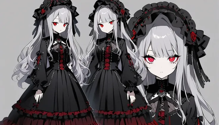 Teen Girl Characters。gray hair color、Glowing red eyes、Long Hair、There is a mole under the left eye。Without background、Depict only one person。Gothic Lolita Fashion