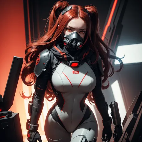 1 lonely girl with a mask large respirator gas mask on half her face fur half cyborg stands half sideways in a half turn she has a chic figure and big hips she has rich red long hair and white eyes and a black android suit with red elements dark background...