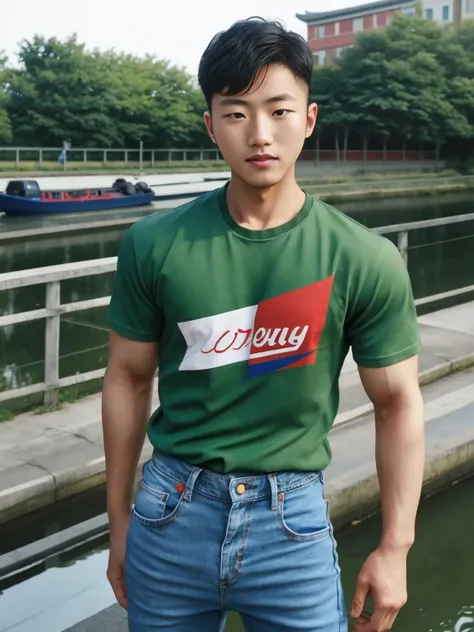 ((realistic daylight)) , Young Korean man in a green t-shirt Denim shirt, jeans, A handsome, muscular young Asian man looks at the camera. In a simple t-shirt blue and red , Along the canal ,turn sideways