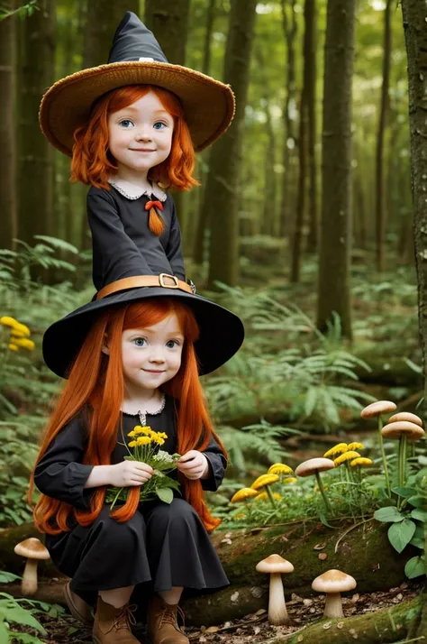 Cartoon Ginger hair girl  wearing a witch hat with mushrooms, flowers and nature