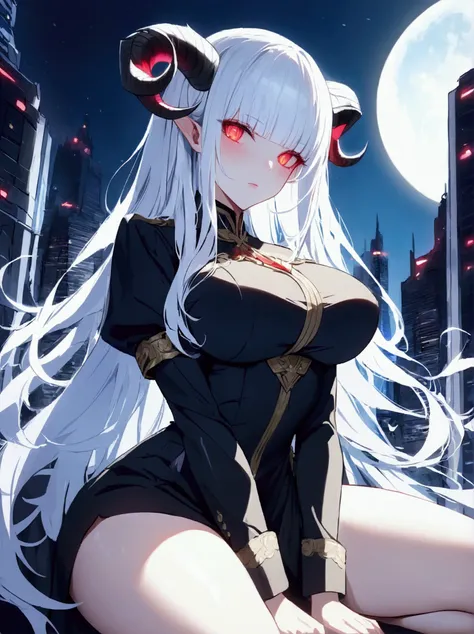 Masterpiece, very detailed, ultra detailed, one, (1 woman), she is in an ancient black military uniform, and in an elegant position, long hair, bright white hair, snow-white hair and straight bangs, white demonic horns, beautiful, charming, bright red eyes...