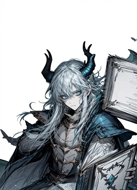 1boy ,silver hair,long hair, light blue eyes ,pale skinned beast ,dragon, dragon tail, blue horns, book, arctic knight, nice clo...