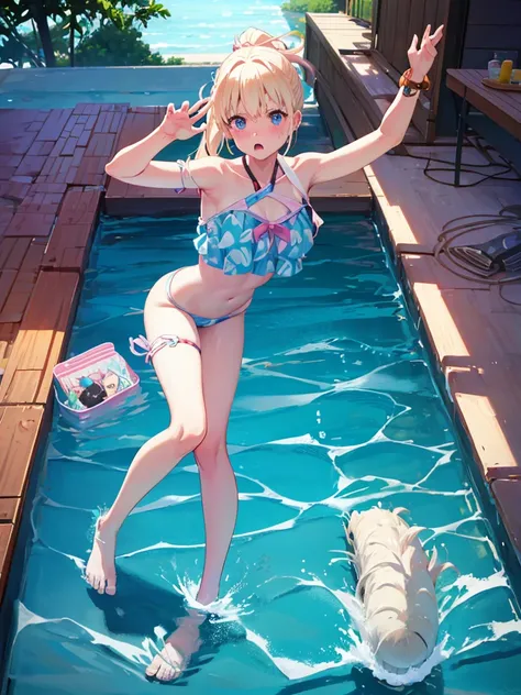 Random patterned swimsuit、,Swimsuit,Blushing、blondes、ponytail、pale blue eyes、Head to toe full body、Blushing、Embarrassed look、Composition from the front、A view from slightly below、school swimwear、Acme Face、Random pose、, 、nsfw、Highest quality、1 girl、独奏、Ocean...