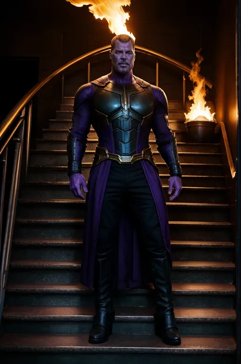 Thanos the villain standing on stairs with dark background with fire burning in the corner 