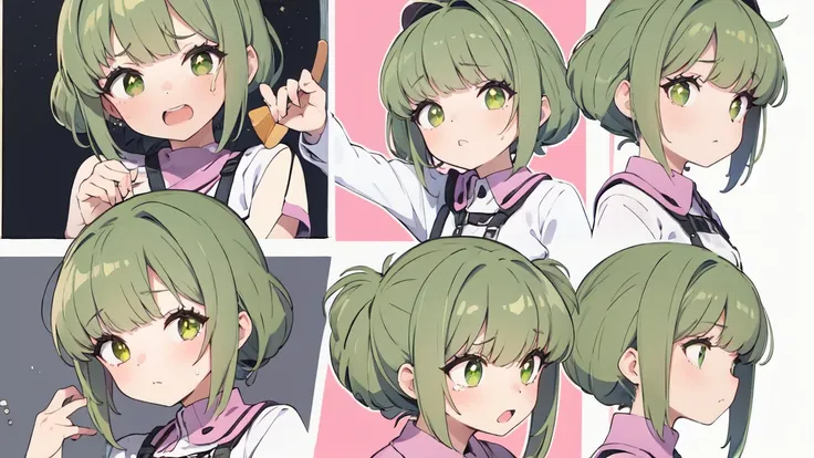 very short hair, green hair, crying facial expressions