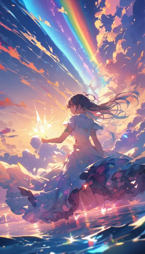 Mysterious glowing spell casting girl, ((Fantasy Rainbow Ocean)), Vibrant colors, Fantastic Light, Detailed speech bubbles, Magical atmosphere, Nice views, Dreamy atmosphere, Sparkling, Roomy robes, The magic touch, Mysterious creatures, ((Sparkling waves)...