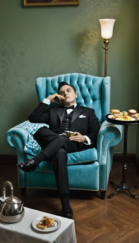 Man lying on a recliner, There is a butler next to him，Tray in hand，There is food on it, Surrealism.  