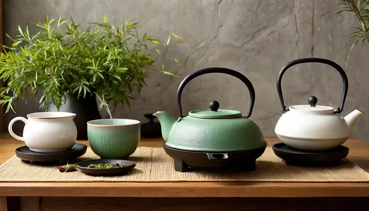 ((Masterpieces in up to 16K resolution):1.6),((soft_color_photography:)1.5), ((Super detailed):1.4),((Typical static images and dynamic angles):1.3),Realistic tea ceremony tea sets，Black cast iron kettle with white ceramic tea set，Small Zen-style green pla...