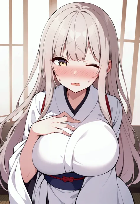 slender, mature female,1girl, blush, long_hair, one_eye_closed, sweat, japanese_clothes, eyebrows_visible_through_hair, breasts, solo, bangs, wide_sleeves, hand_on_own_chest, nose_blush, large_breasts, open_mouth