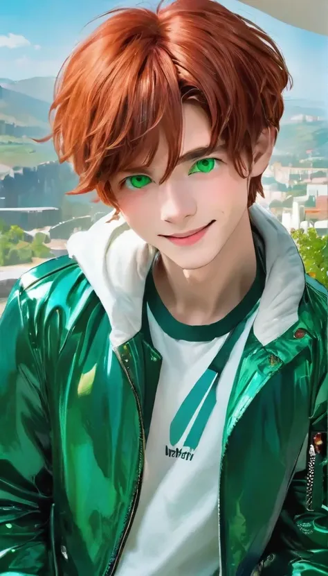 best quality, masterpiece, solo, 1boy,  smile,red hair, futuristik, jacket,  green eyes,