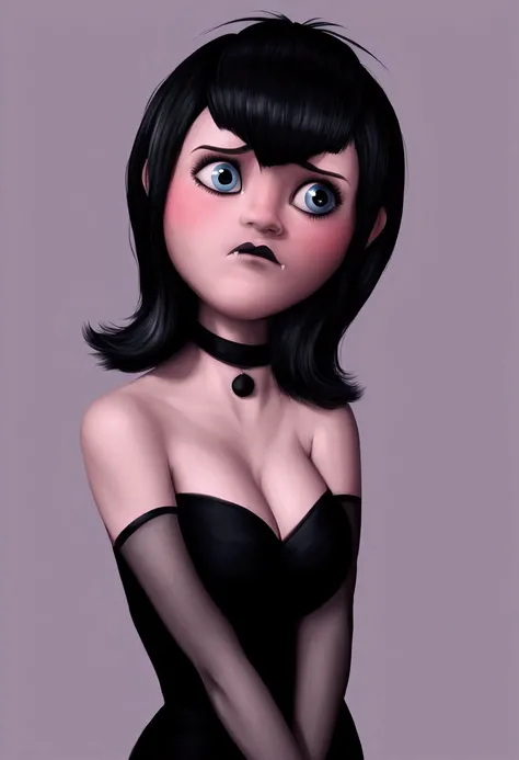 busty mavis dracula, skirt up view, shy, cute, hentai, photorealistic, 8k, masterpiece, detailed face, beautiful detailed eyes, beautiful detailed lips, extremely detailed eyes and face, long eyelashes, vampiric, pale skin, black hair, choker, small fangs,...