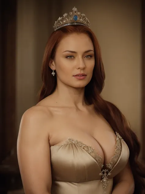 Face of Sophie Turner:1.2, Sansa Stark played by Sophie Turner, the de facto Lady of the Eyrie, is a 40-year-old mature queen with a stunning, alluring appearance, (hair over covering one eye - jessica rabbits hair:1.2). Regally standing amongst ugly elder...