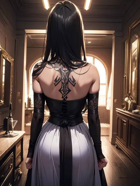 (​masterpiece、top-quality、hight resolution), create an image of a woman showing her back with a large tattoo covering it to a ma...