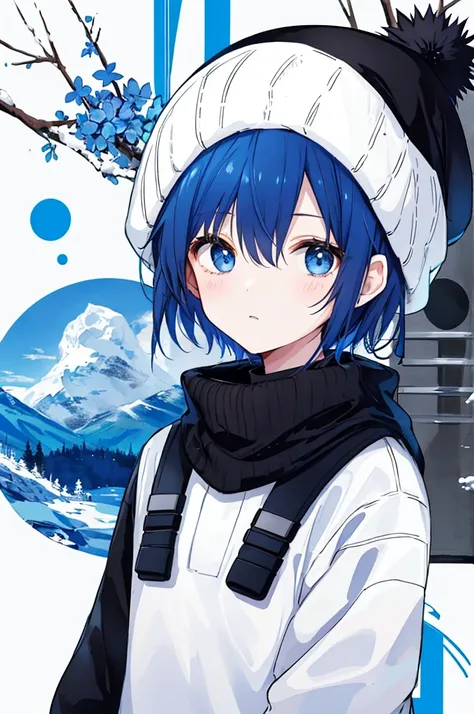 Blue short hair girl。He is wearing black winter clothes and a white knitted hat。