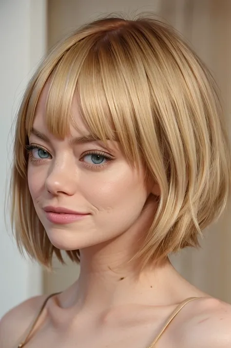 Emma stone naked with bob hair,hair just reaching jawline with bangs with blonde hair colour giving cute and modern look 