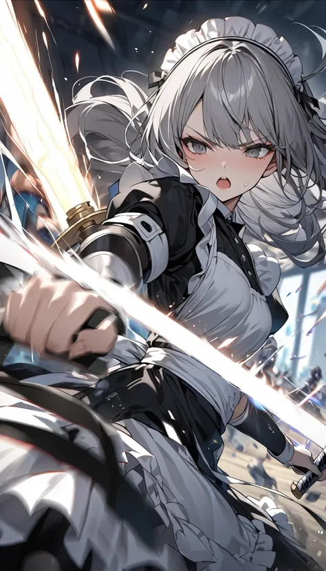 Highest quality　masterpiece　High resolution　masterpiece　Gray Hair　Dark Eyes　Maid-type Android　Combat type　Luminous Great Sword　fighting, sword fighting, motion blur