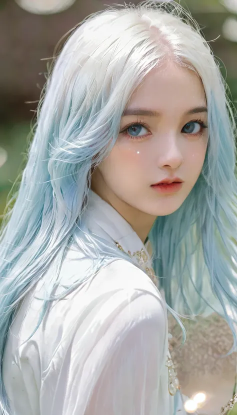 1 girl with long light blue hair, White skirt, Close-up of face